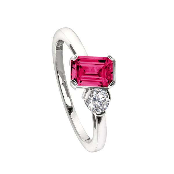 (July) Emerald Cut Similated Ruby and a Round Similated Diamond Ring, Sterling Silver, Size 7 Blocher Jewelers Ellwood City, PA
