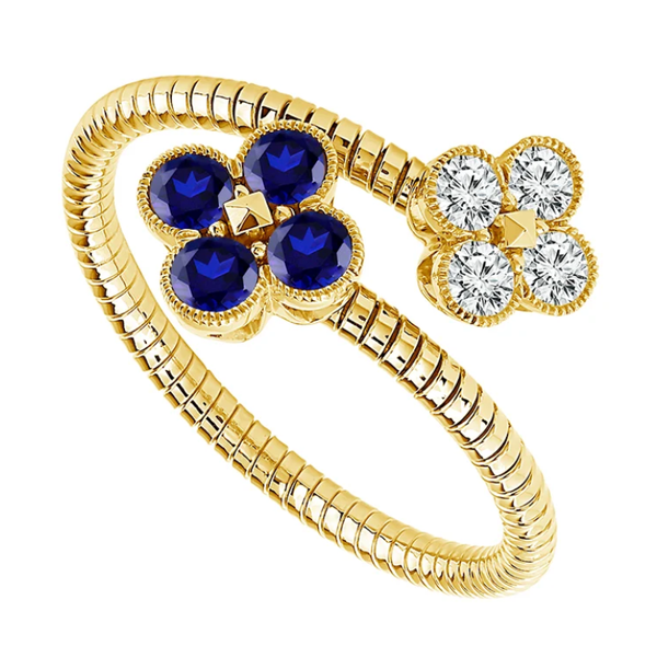14K Yellow Gold 0.20ctw Diamond and Blue Sapphire Flower Fashion Spring Ring Blocher Jewelers Ellwood City, PA