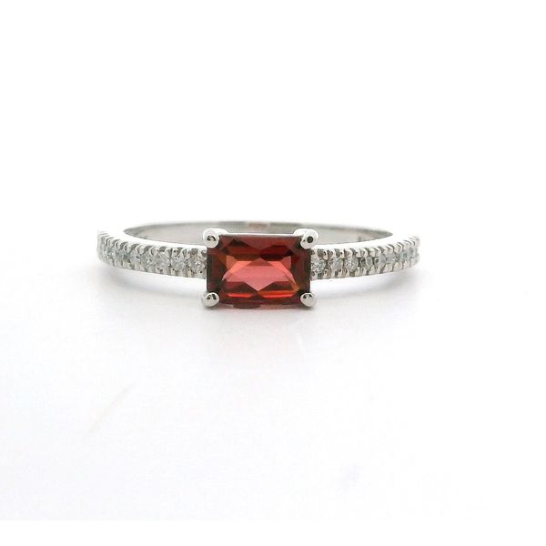 10K WG Checkerboard Emerald Cut Garnet Ring with 0.10ctw Diamond Accents, Size 7 Blocher Jewelers Ellwood City, PA