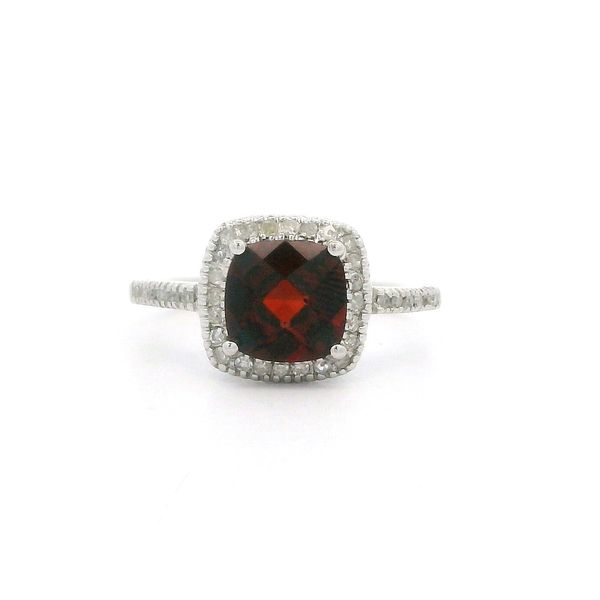10K WG Checkerboard Cushion Cut Garnet with 0.17 Diamond Accents and Halo, Size 6 Blocher Jewelers Ellwood City, PA