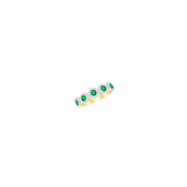 14K YG 5 Round Emerald Halo Ring with 0.575tw Round Emeralds and 0.398ctw Diamonds, Size 7.5 Blocher Jewelers Ellwood City, PA