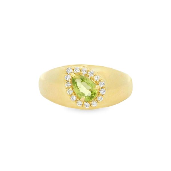 10K  Yellow Gold Pear-Cut Peridot Signet Ring with Halo Size 7 Blocher Jewelers Ellwood City, PA