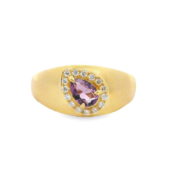 10K Yellow Gold Pear-Cut Amethyst Signet Ring with Halo Size 7 Blocher Jewelers Ellwood City, PA