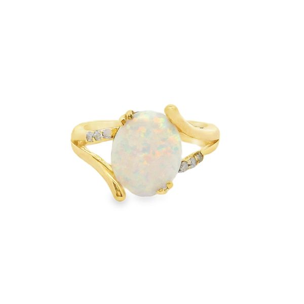 10K Yellow Gold Oval Cut Created Opal with 0.06ctw Diamond Accents Ring Size 7 Blocher Jewelers Ellwood City, PA