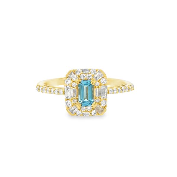 10K Yellow Gold Emerald Cut Blue Topaz with 0.36ctw Various Shape Diamond Halo Ring Size 7 Blocher Jewelers Ellwood City, PA