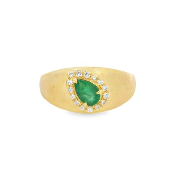 10K Yellow Gold Pear-Cut Emerald Signet Ring with Halo Size 7 Blocher Jewelers Ellwood City, PA