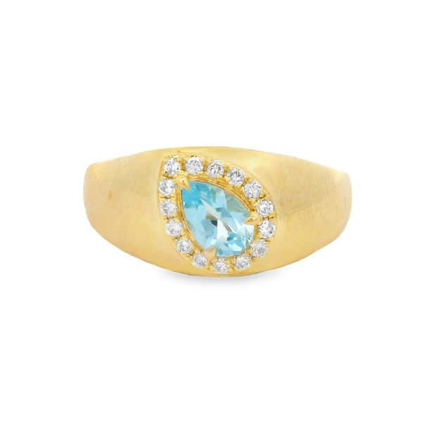 10K Yellow Gold Pear-Cut Blue Topaz Signet Ring with Halo Size 7 Blocher Jewelers Ellwood City, PA