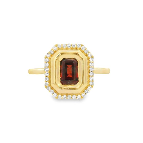 14K Yellow Gold Emerald Cut Garnet with 0.16ctw Halo Ring Size 6.5 Blocher Jewelers Ellwood City, PA