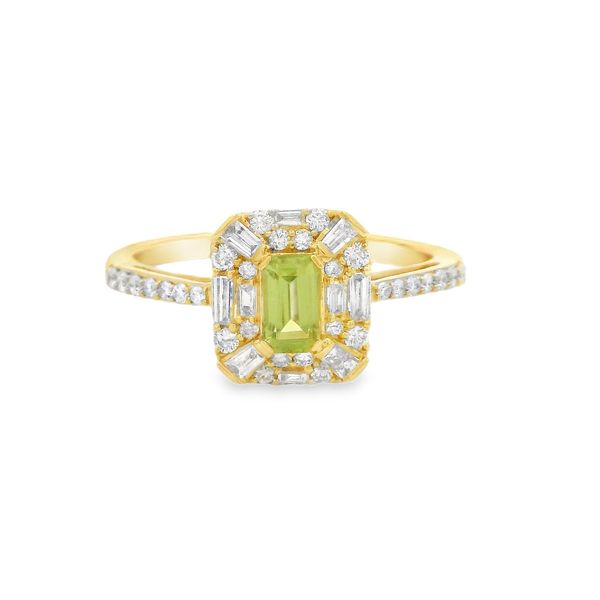 10K Yellow Gold Emerald Cut Peridot with 0.36ctw Various Shape Diamond Halo Ring Size 7 Blocher Jewelers Ellwood City, PA