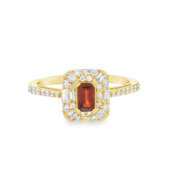 10K Yellow Gold Emerald Cut Garnet with 0.36ctw Various Shape Diamond Halo Ring Size 7 Blocher Jewelers Ellwood City, PA