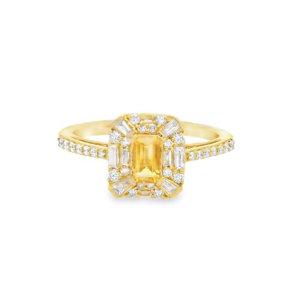 10K Yellow Gold Emerald Cut Citrine with 0.36ctw Various Shape Diamond Halo Ring Size 7 Blocher Jewelers Ellwood City, PA