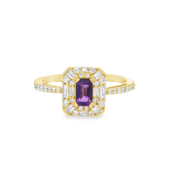 10K Yellow Gold Emerald Cut Amethyst with 0.36ctw Various Shape Diamond Halo Ring Size 7 Blocher Jewelers Ellwood City, PA