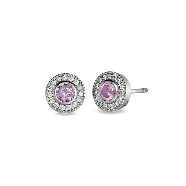Sterling Silver Micropave Round Simulated Pink Sapphire Earrings Blocher Jewelers Ellwood City, PA