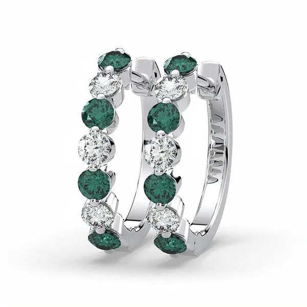 14K White Gold Emerald and Diamond Huggie Hoop Earrings with 0.38Tw Emeralds and 0.20Tw Diamonds Blocher Jewelers Ellwood City, PA