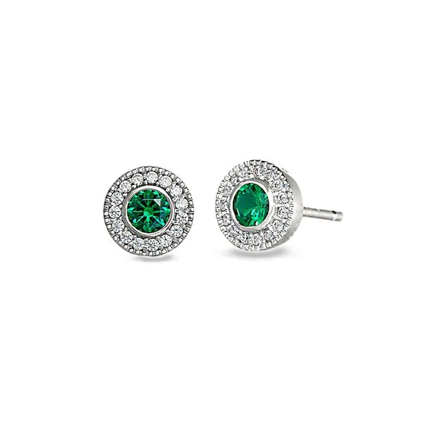 Platinum Finish Sterling Silver Micropave Round Simulated Emerald Earrings with Simulated Diamonds Blocher Jewelers Ellwood City, PA