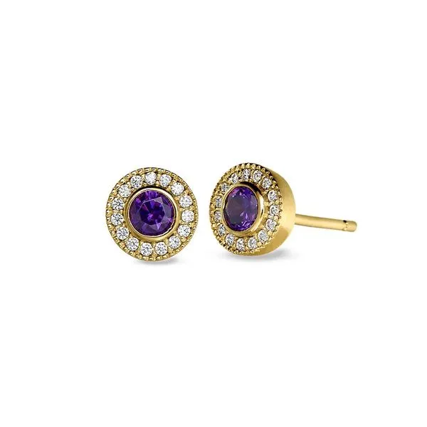 Gold Vermeil Sterling Silver Micropave Round Simulated Amethyst and Diamond Stud Earrings Blocher Jewelers Ellwood City, PA