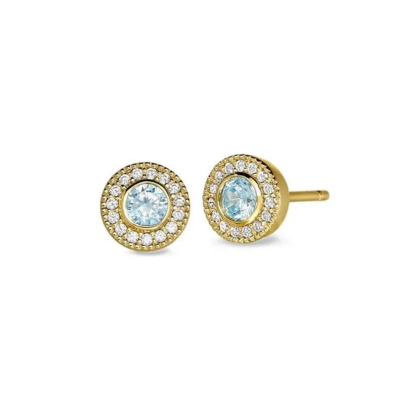 Gold Vermeil Sterling Silver Micropave Round Simulated Aquamarine And Diamond Stud Earrings Blocher Jewelers Ellwood City, PA