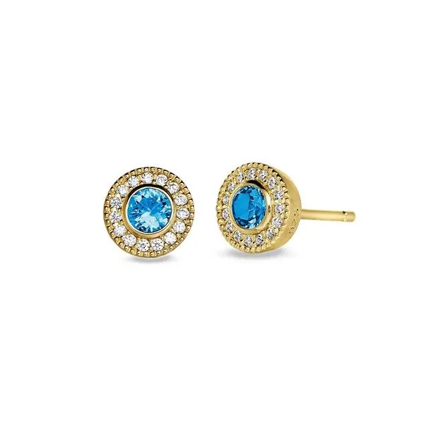 Gold Finish Sterling Silver Micropave Round Simulated Blue Topaz And Diamond Stud Earrings Blocher Jewelers Ellwood City, PA