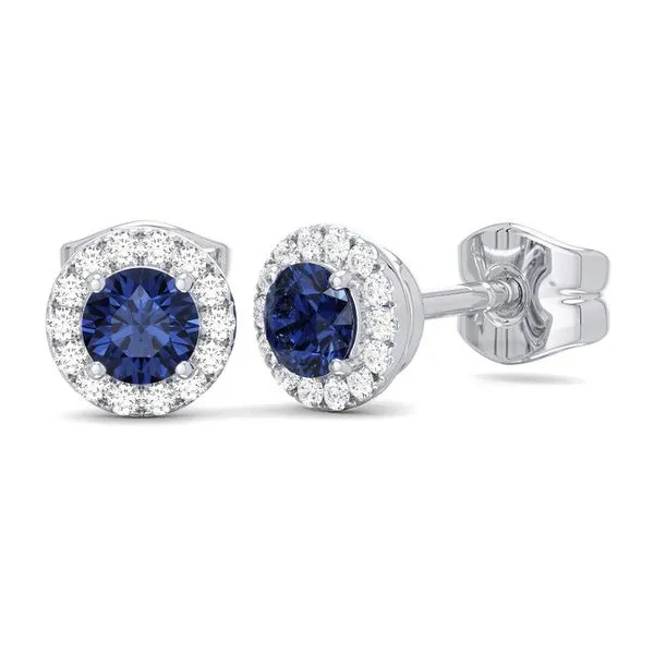 10K White Gold Blue Sapphire Stud Earrings with Diamond Halo Blocher Jewelers Ellwood City, PA
