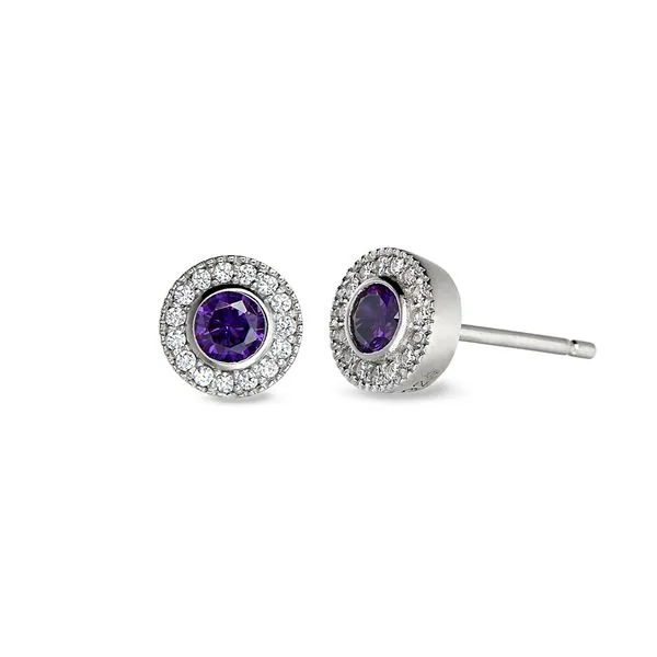 Platinum Finish Sterling Silver Micropave Round Simulated Amethyst Earrings with Simulated Diamonds Blocher Jewelers Ellwood City, PA