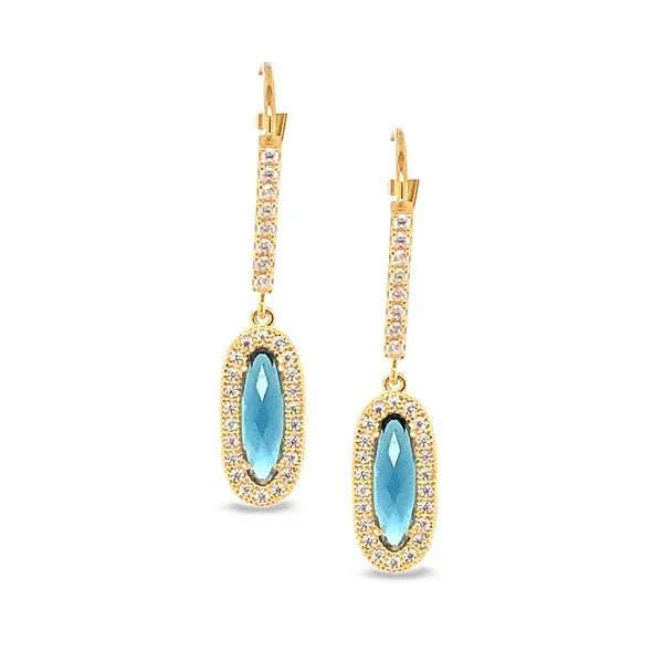 Gold Finish Sterling Silver Micropave Oblong Earrings with Simulated London Blue Topaz and Simulated Diamonds Blocher Jewelers Ellwood City, PA