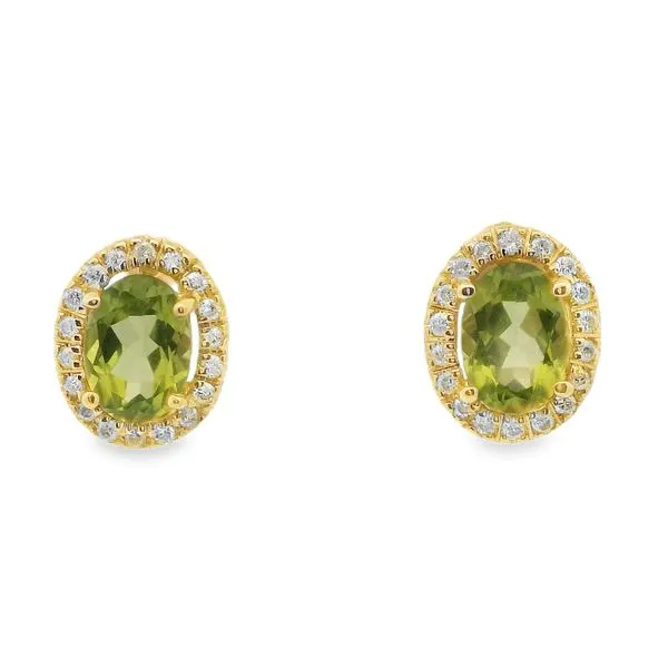 14K Yellow Gold Oval Peridot with 0.17ctw Diamond Halo Stud Earrings Blocher Jewelers Ellwood City, PA