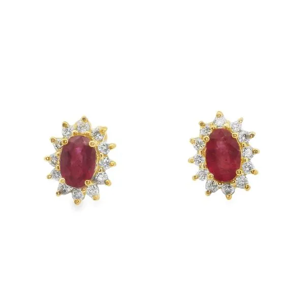 14K Yellow Gold Oval Ruby Stud Earrings with 0.34ctw Diamonds Blocher Jewelers Ellwood City, PA
