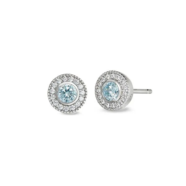 Platinum Finish Sterling Silver Micropave Round Simulated Aquamarine Earrings with Simulated Diamonds Blocher Jewelers Ellwood City, PA