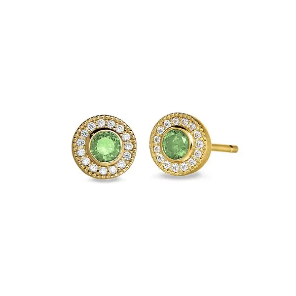 Gold Finish Sterling Silver Micropave Round Simulated Peridot Earrings with Simulated Diamonds Blocher Jewelers Ellwood City, PA