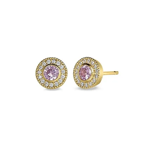 Gold Finish Sterling Silver Micropave Round Simulated Pink Sapphire and Diamond Stud Earrings Blocher Jewelers Ellwood City, PA