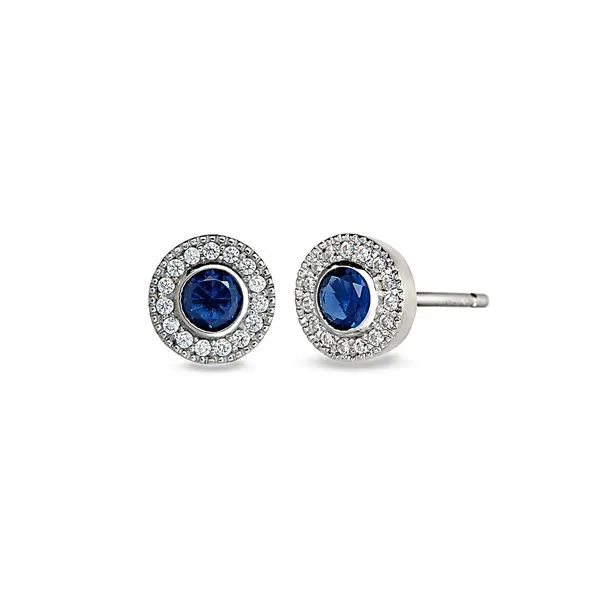 Platinum Finish Sterling Silver Micropave Round Simulated Sapphire Earrings with Simulated Diamonds Blocher Jewelers Ellwood City, PA