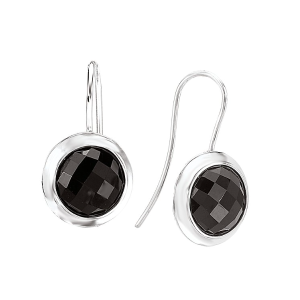 Sterling Silver Earrings with a Rounded Faceted Bezel Set 8mm Cabochon Black Onyx in Center Blocher Jewelers Ellwood City, PA