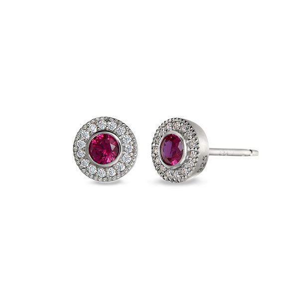 Platinum Finish Sterling Silver Micropave Round Simulated Ruby Earrings with Simulated Diamonds Blocher Jewelers Ellwood City, PA