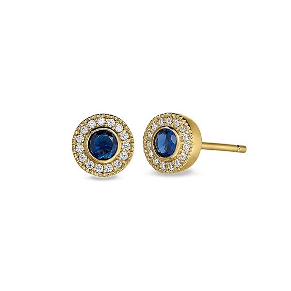 Gold Finish Sterling Silver Micropave Round Simulated Sapphire Earrings with Simulated Diamonds Blocher Jewelers Ellwood City, PA