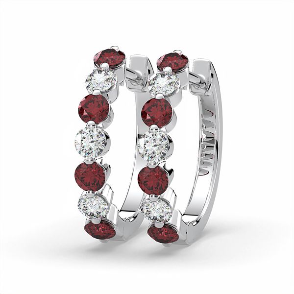 14K White Gold Ruby and Diamond Huggie Hoop Earrings with 0.47Tw Rubies and 0.20Tw Diamonds Blocher Jewelers Ellwood City, PA