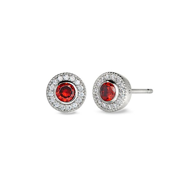 Platinum Finish Sterling Silver Micropave Round Simulated Garnet Earrings with Simulated Diamonds Blocher Jewelers Ellwood City, PA