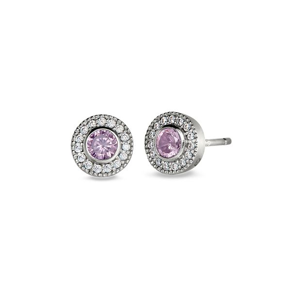 Platinum Finish Sterling Silver Micropave Round Simulated Pink Sapphire Earrings with Simulated Diamonds Blocher Jewelers Ellwood City, PA