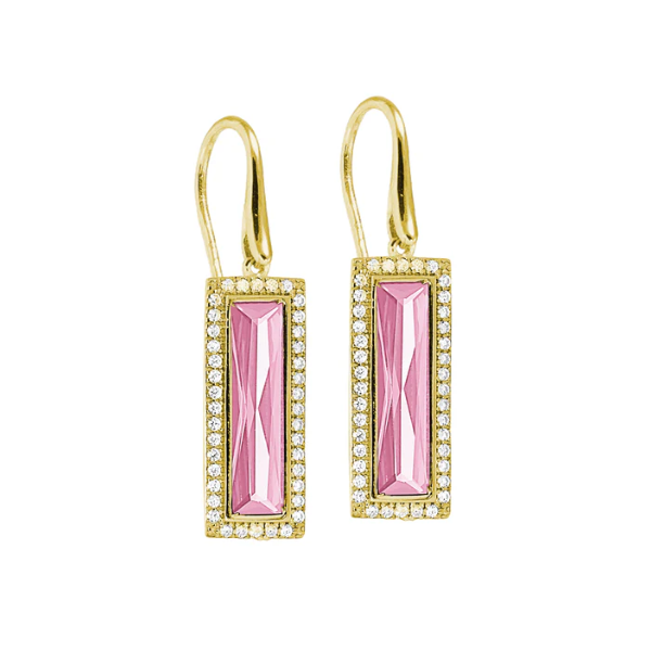 Rectangle Similated Pink Sapphire Earrings, Gold Plated Sterling Silver Blocher Jewelers Ellwood City, PA