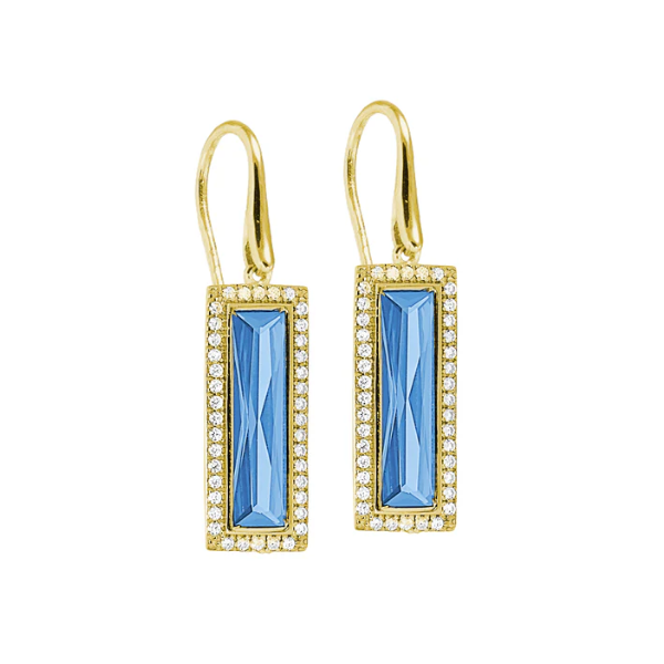 Rectangle Similated Blue Topaz Earrings, Gold Plated Sterling Silver Blocher Jewelers Ellwood City, PA
