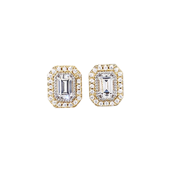 Emerald Cut Similated Diamond with Similated Diamond Halo Earrings, Gold Vermel Finish Blocher Jewelers Ellwood City, PA