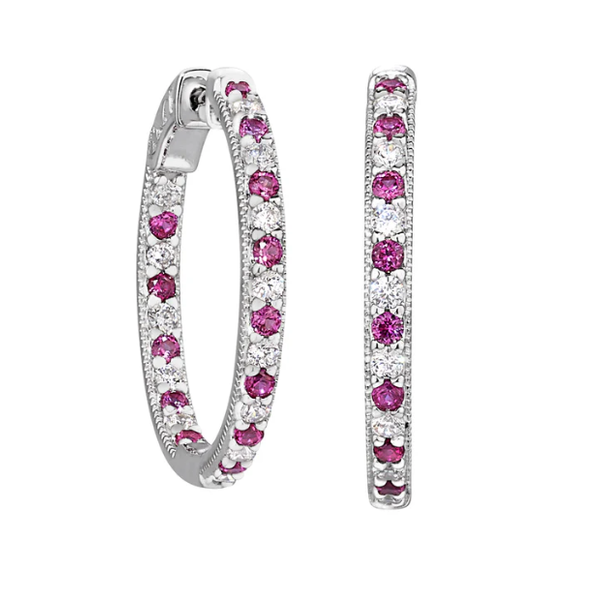 Platinum Finish Sterling Silver Alternating Similated Ruby and Similated Diamond Hoop Earrings Blocher Jewelers Ellwood City, PA