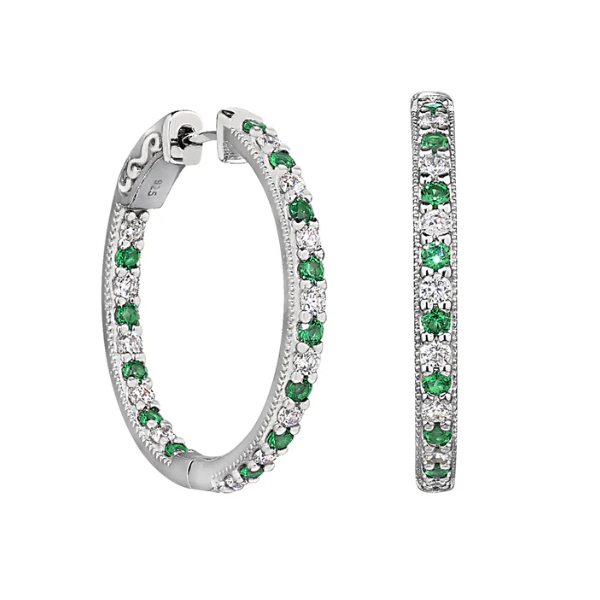 Platinum Finish Sterling Silver Alternating Similated Emerald and Similated Diamond Hoop Earrings Blocher Jewelers Ellwood City, PA