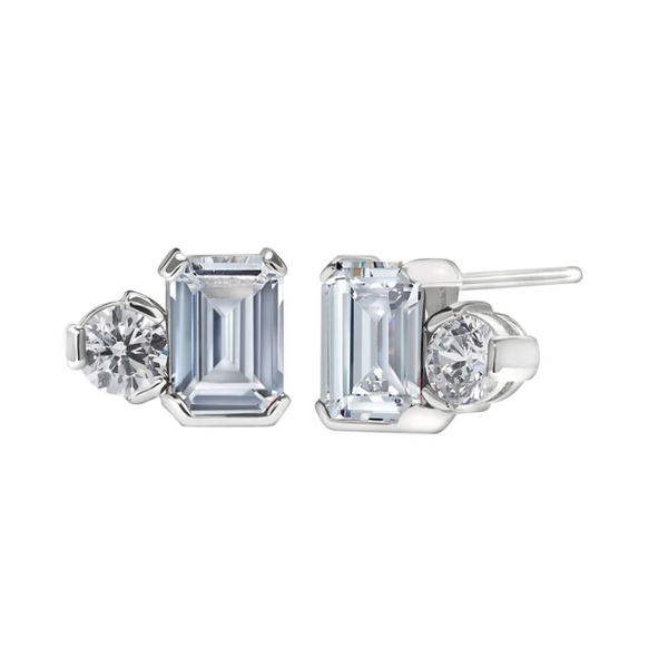 (April) Emerald Cut and Round Similated Diamond Earrings, Sterling Silver Blocher Jewelers Ellwood City, PA