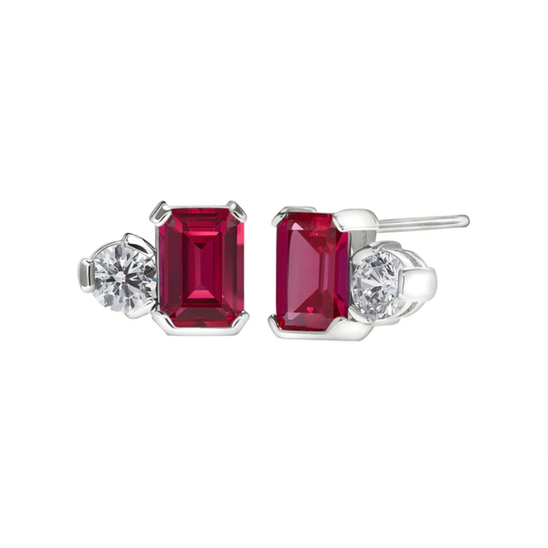 (July) Emerald Cut Similated Ruby and a Round Similated Diamond Earrings, Sterling Silver Blocher Jewelers Ellwood City, PA