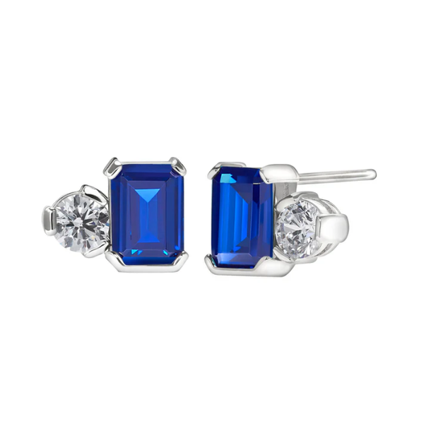 (September) Emerald Cut Similated Sapphire and a Round Similated Diamond Earrings, Sterling Silver Blocher Jewelers Ellwood City, PA