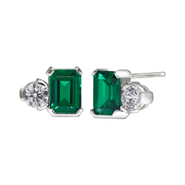 (May) Emerald Cut Similated Emerald and a Round Similated Diamond Earrings, Sterling Silver Blocher Jewelers Ellwood City, PA