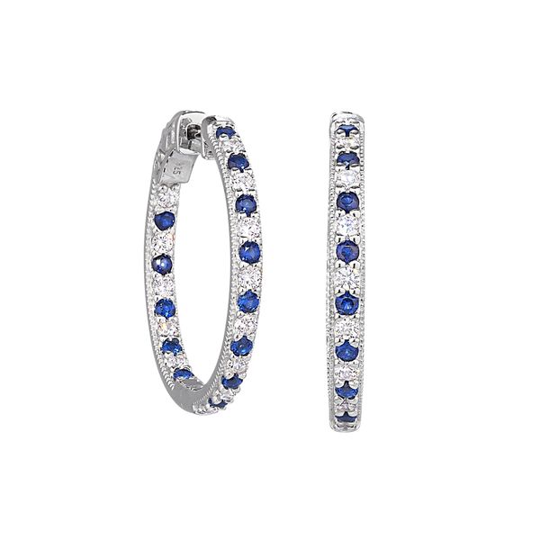 Platinum Finish Sterling Silver Alternating Similated Sapphire and Similated Diamond Hoop Earrings Blocher Jewelers Ellwood City, PA