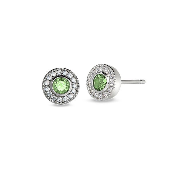 Platinum Finish Sterling Silver Micropave Round Simulated Peridot Earrings with Simulated Diamonds Blocher Jewelers Ellwood City, PA
