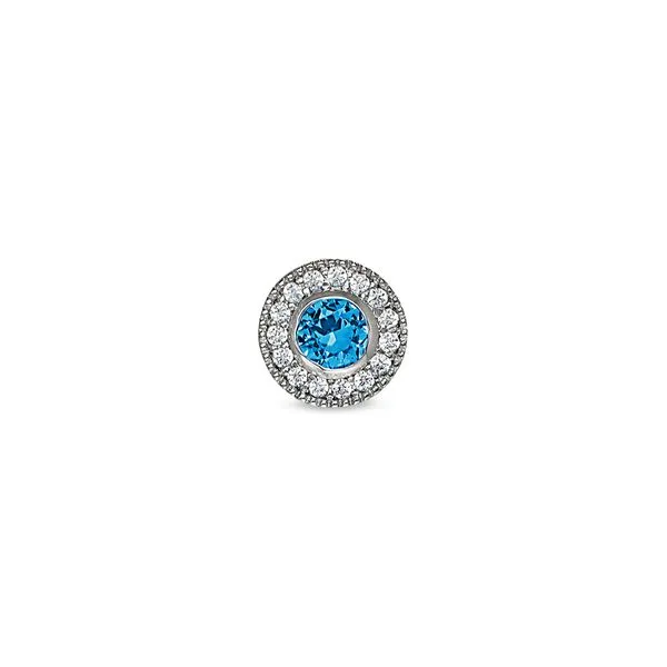 Platinum Finish Sterling Silver Micropave Round Simulated Blue Topaz Charm with Simulated Diamonds Blocher Jewelers Ellwood City, PA