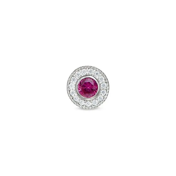 Platinum Finish Sterling Silver Micropave Round Simulated Ruby Charm with Simulated Diamonds Blocher Jewelers Ellwood City, PA
